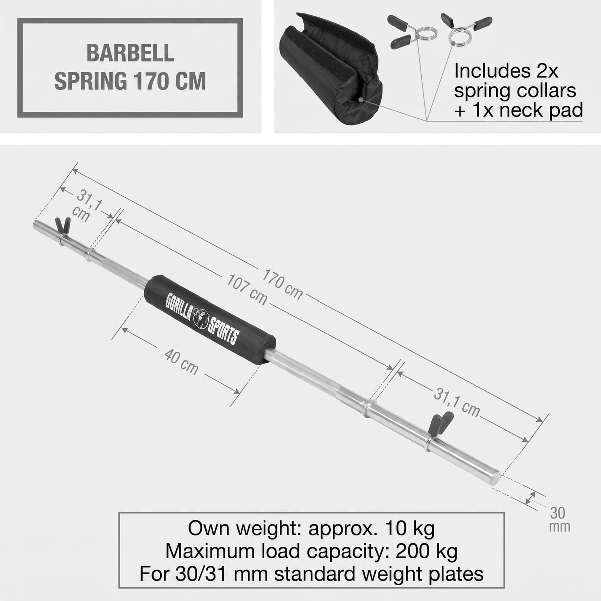 Vægtstang 170 cm Inkl Vægtstangspude från Gorilla Sports