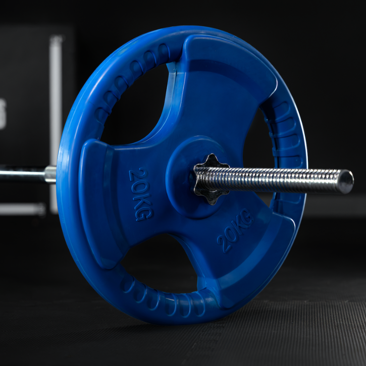 TRIGRIP viktskiva i järn med håldiameter 30mm - blå - 20kg på en skivstång
