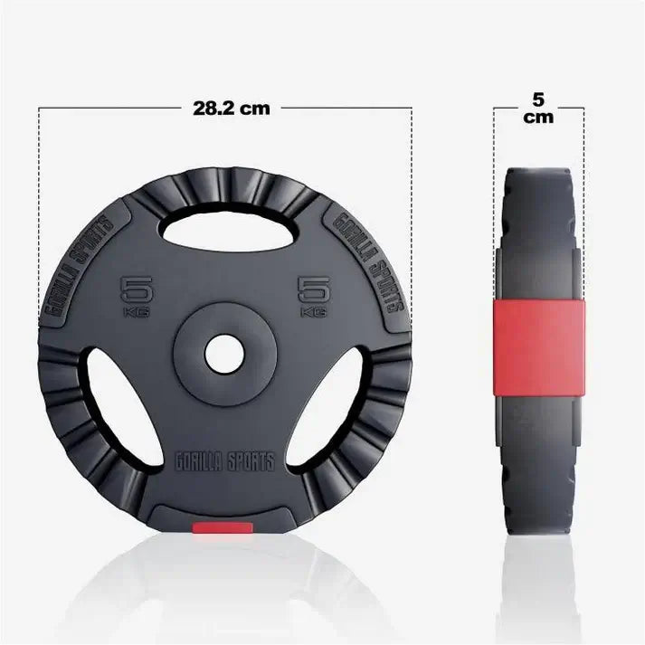 Viktskiva i cement med 30mm håldiameter , trigrip grepp - 5kg med mått