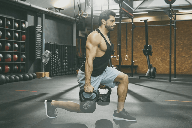 Man som tränar utfallssteg med två kettlebells