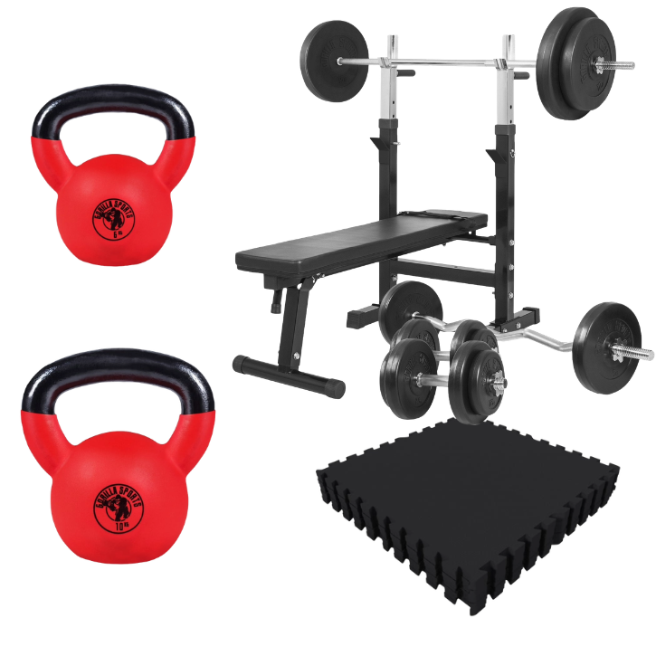 Bænkpres, kettlebells og fitnessgulv