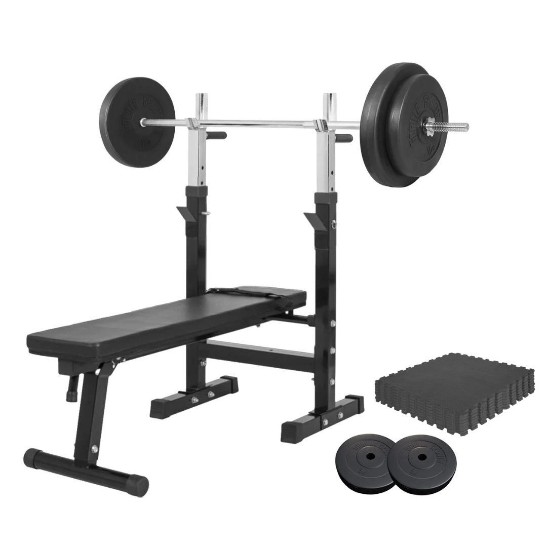 Bænkpres SORT/HVID Vægtstang 60kg Med Gym Gulv