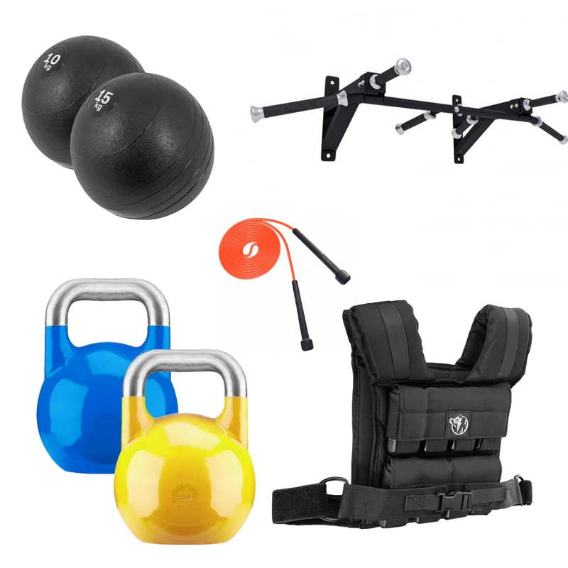 Slam balls, chin-up-stang, springreb, kettlebells og vest