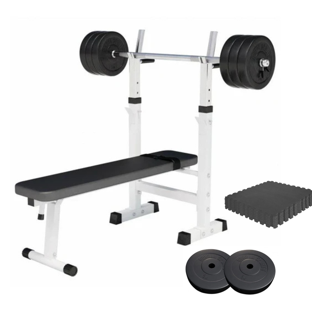 Bænkpres SORT/HVID Vægtstang 60kg Med Gym Gulv