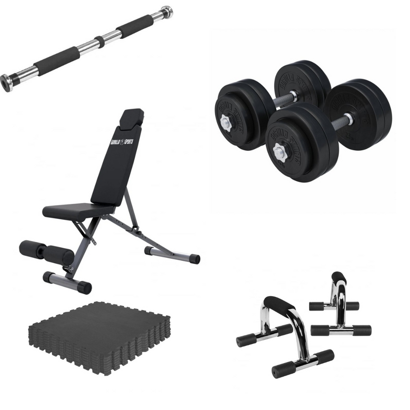 Håndvægte, bænk, chin-up-stang, push-up-bænk og gulv